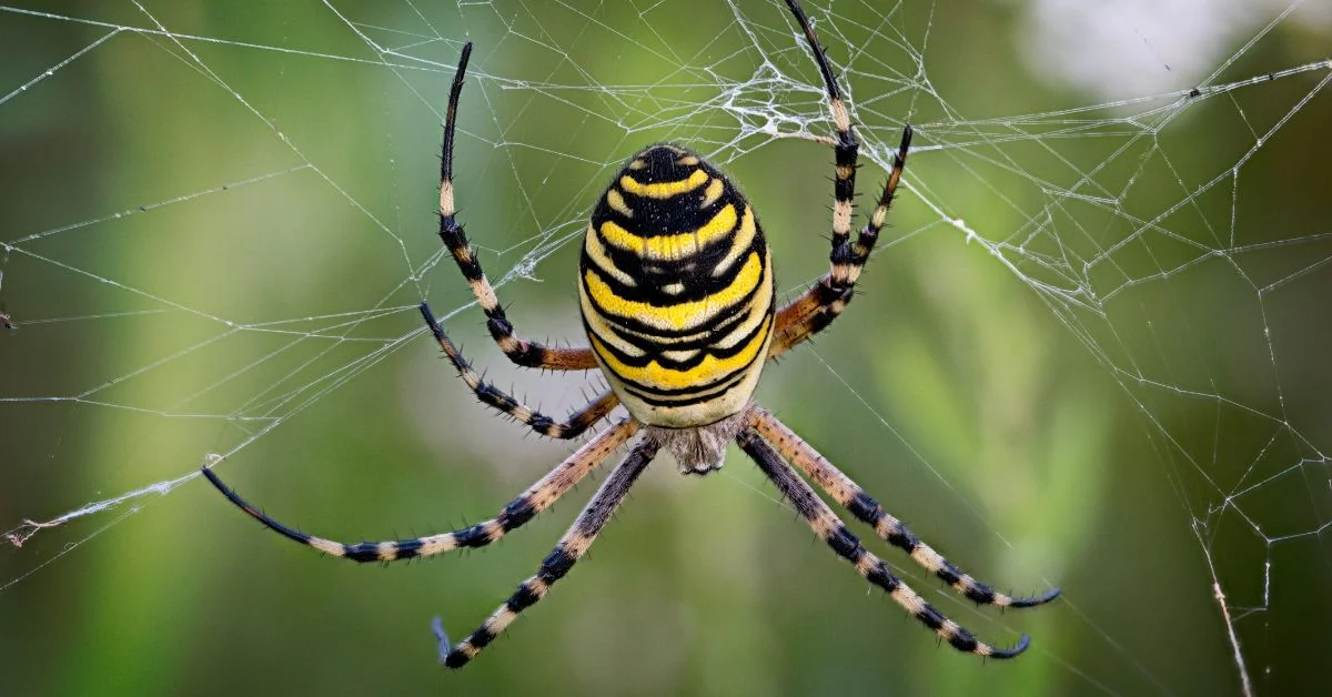 Best pet spider names - A black and yellow spider making a web on green background