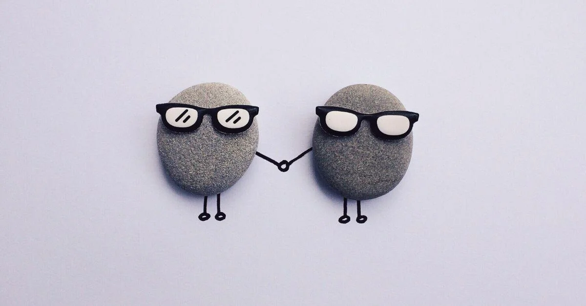 Cute Names for a Pet Rock - Two Gray Stones Wearing Sunglasses and Holding Hands