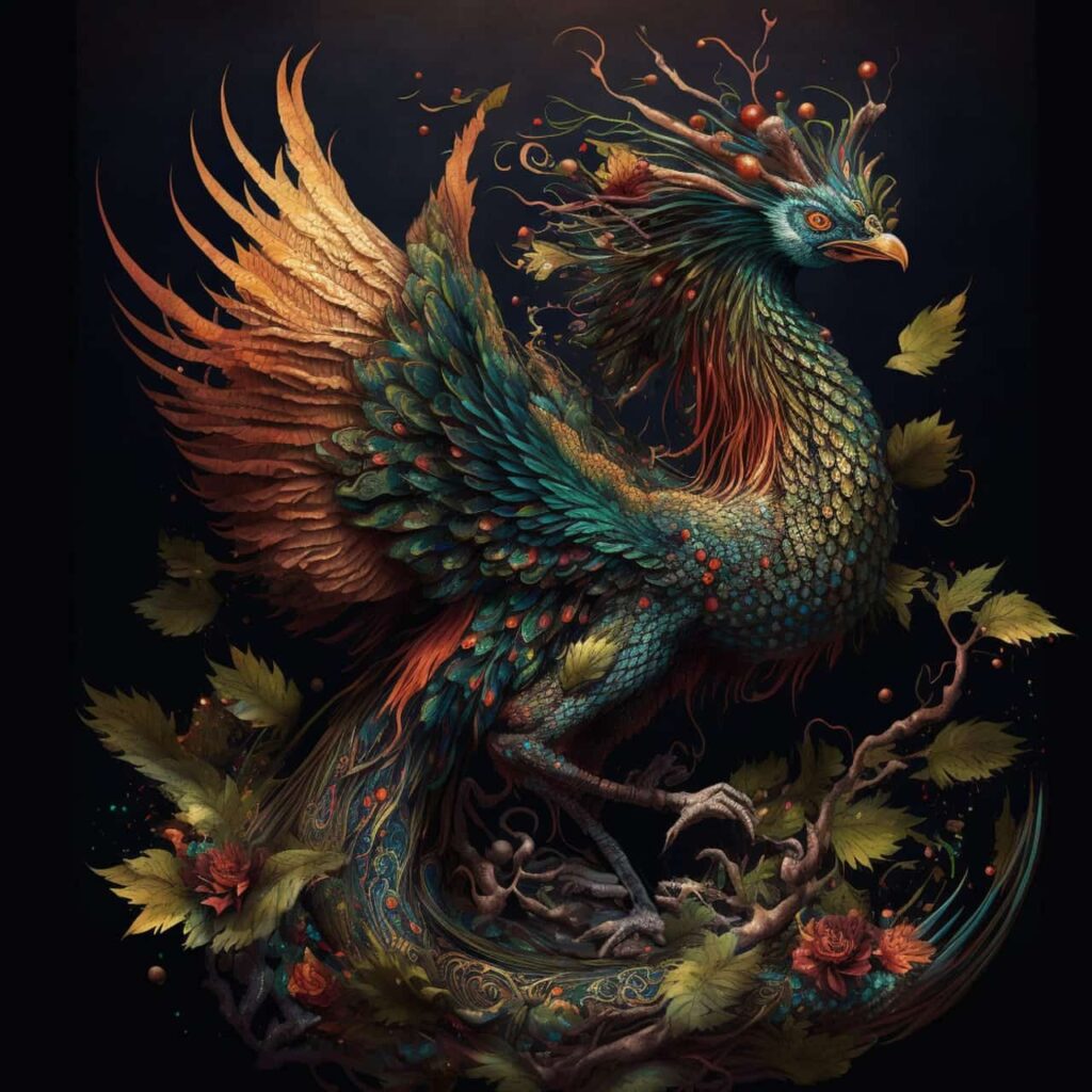 Phoenix bird names - A mythical phoenix bird on black background