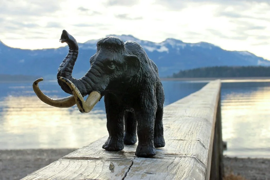 Cool mammoth names - A mammoth on a dock with a lake and mountains in the background