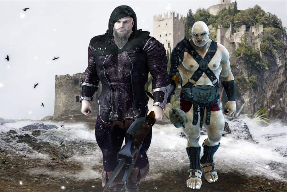 Male orc names - A warrior and orc in front of a fantasy castle
