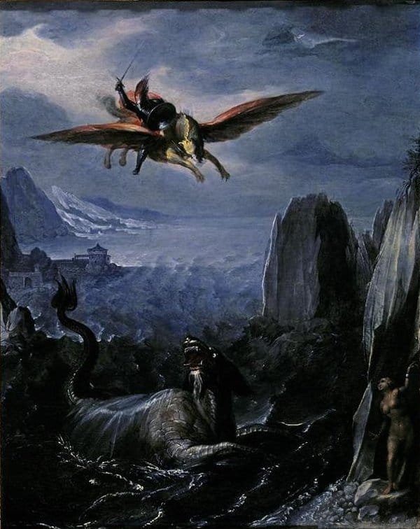 A hippogriff flying with a knight