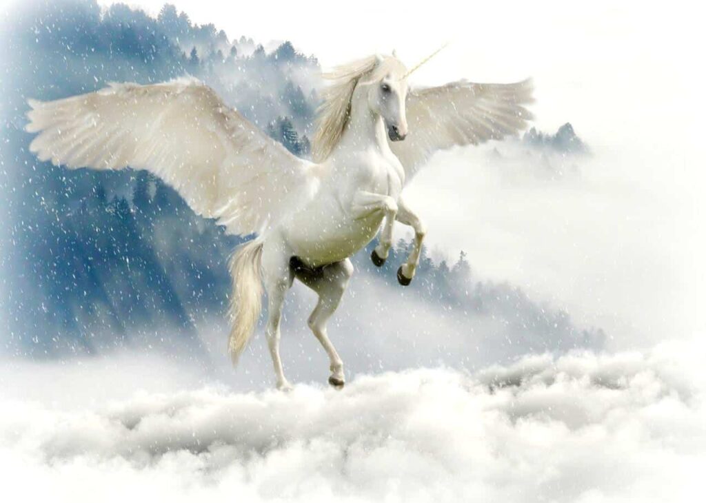 Famous unicorn names - A magical white winged unicorn standing on hind legs