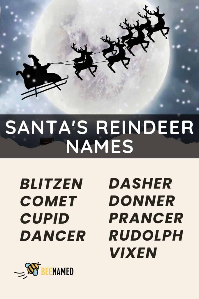 List of Santa's reindeer names with reindeer pulling Santa's sleigh by full moon