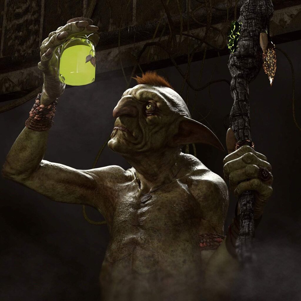A grotesque goblin holding a green poison bottle