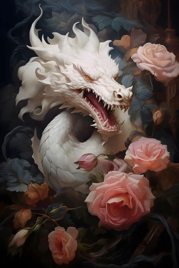 Fierce white dragon with pink roses